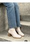 Beige Skin Stretch (Memmy) Blunt Toe Women's Heeled Boots - 5