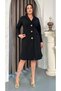 Women's Plus Size V-Neck Seashell Brooch Long Sleeve Stretchy Midi Evening Dress 25101 Black - 6