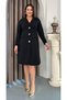 Women's Plus Size V-Neck Seashell Brooch Long Sleeve Stretchy Midi Evening Dress 25101 Black