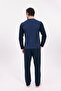 Men's Navy Blue Special Design Long Sleeve Jacquard Cotton Pajama Set - 5