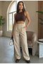 Women's Leather Trousers Velcro High Waist Stone Leather with Pockets Palazzo Pants