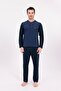 Men's Navy Blue Special Design Long Sleeve Jacquard Cotton Pajama Set - 4