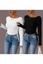 Double Black and White Boat Neck Long Sleeve Side Gathered Blouse, Double Boat Neck Li Stretch Fabric Rop Blouse Top - 2