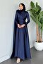Satin Evening Dress with Scarf Navy Blue - 3