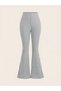 Gray Corded Fabric High Waist Flared Women's Trousers, Stretchy Knit Fabric Flared Pants - 3