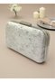 Beige Silver Detailed Luxury Wavy Velvet Women's Evening Dress Bag - 5