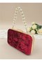 Burgundy Gold Pearl Detailed Luxury Wavy Velvet Women's Evening Dress Bag - 2