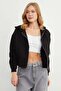 Basic Fermuarlı Kapüşonlu Crop Sweatshirt - 4