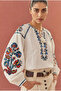 Women's White-Collared Tasseled Balloon Sleeve Embroidered Cotton Blouse - 2