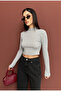 Half Fishing Collar Buttoned Long Sleeve Blouse Ribbed Knit Op Bluz - 6