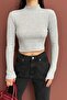 Half Fishing Collar Buttoned Long Sleeve Blouse Ribbed Knit Op Bluz - 3