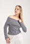 Women's Off-The-Shoulder Striped Corded Fabric Transitional Long Sleeve Slim Fit Blouse with Stretchy Comfortable Fabric 3018 - 4