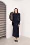 Boat Neck Shimmer Detailed Draped Sandy Evening Dress - 5