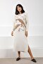 Ecru/Camel Long Sleeve Crew Neck Embossed Patterned Cashmere Women's Knitwear Dress