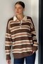 Women's Striped Polo Neck Knit Sweatshirt