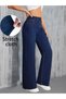 Kamelya Navy Blue Women's High-Waist Palazzo Jeans, Stretch Fabric Loose Wide-Leg Baggy PantsDK-2