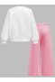 Printed Girls' Top White Cat Bottom Pink Striped Cotton Kids' Top and Bottom Set - 2