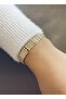 Gold Color Rowed Stone and Bar Detailed Handcuff Bracelet