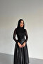Turtleneck Belted Skirt Leather Laced Black Dress - 5