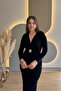 Draped Gold Belted Slit Elegant Black Dress - 5