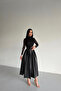 Turtleneck Belted Skirt Leather Laced Black Dress - 3