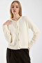 Bearded Knitwear Cardigan with Metal Button Detail - Bone - 3