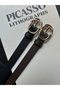 2-Piece Splice Double Ring Pattern Women's Gold Buckle Belt Jacket Belt Dress Belt Trouser Belt