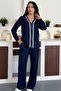 Women's V-Neck Zippered White Striped Detail Pocket Modal Set - 7