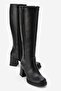 Lensa Black Skin Genuine Leather Zippered Women's Thick Heeled Boots