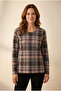 Women's Plus Size Stretch Fabric Crew Neck Plaid Soft Sweater Mom Blouse - 4