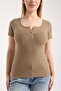 Women's Corded Fabric Ribbed Knit Patch Snap Button Short Sleeve Fitted Cotton T-Shirt 6001 - 4