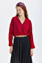 Elastic Waist Long Sleeve Crop Blouse Red - 3