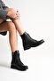 Women's Genuine Leather Lace-Up and Zipper Boots - Black