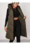Women's Khaki Long Hooded Puffer Vest with Side Zipper Slit - 3