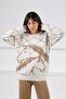 Ecru/Camel Long Sleeve Crew Neck Cashmere Embossed Patterned Women's Knitwear Sweater - 4