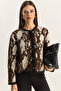 Women's Black Brown Snake Patterned Shawl Collar Knitwear Cardigan 20251086