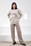 A.Beige/Mink Long Sleeve Crew Neck Cashmere Embossed Patterned Women's Knitwear Sweater - 5