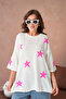 Women's Crew Neck Star Patterned Pearl Embroidered Ov Oversized Riko Sweater 12064