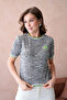 Women's Crew Neck Short Sleeve Stone Embroidered Knitwear Sweater 12040 - 4