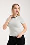 Women's Striped Stretchy Rib Fabric Short Sleeve Crew Neck Slim Fit Basic Casual T-Shirt 6013