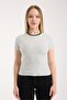 Women's Striped Stretchy Rib Fabric Short Sleeve Crew Neck Slim Fit Basic Casual T-Shirt 6013 - 4