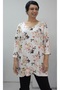 Cream Floral Pattern Batwing Three-Quarter Sleeve Side Slit V-Neck Combed Viscose T-Shirt - 6