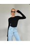 Women's Black Crew Neck Finger Detail Blouse Slim Body with Fleece Inside - 2