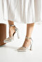 PEARLY Silver Women's Platform 11cm Heel Pearl Embellished Ankle Strap Evening Bridal Wedding Shoes - 4