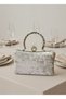 Beige Silver Metal Handle Detailed Luxury Wavy Velvet Women's Evening Dress Bag - 4