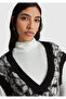 Women's Black Wool Blend Patterned Rib Detailed V-Neck Sleeveless Sweater - 6