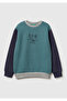 Boy's Dark Green-Grey Front Logo Printed Ribbed Fleece-Lined Sweatshirt