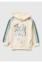Boy's Cream Sweatshirt with Printed Sleeves and Stripes on the Front Hooded Fleece-Lined