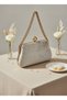 Beige Gold Metal Chain Handle and Pearl Detailed Luxury Wavy Velvet Women's Evening Dress Bag - 2