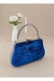 Cobalt Silver Crystal Stone and Handle Detailed Luxury Wavy Velvet Women's Evening Dress Bag Wedding Engagement Graduation - 3